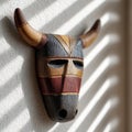 Wooden tribal mask with horns casting shadow on wall. Royalty Free Stock Photo