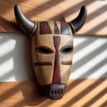 Wooden tribal mask on a wall with shadow patterns. Royalty Free Stock Photo