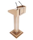 Wooden tribune with microphones for speaking, reading lectures.