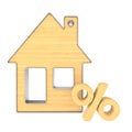 Wooden trinket house and percent on white background. isolated 3