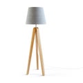 Wooden tripod floor loor lamp isolated on white background. Clipping path included. 3D render. Royalty Free Stock Photo