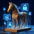 A wooden Trojan horse in digital matrix cyber security space Royalty Free Stock Photo