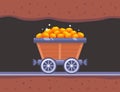 the wooden trolley is full of gold. extract resources in the mine. Royalty Free Stock Photo