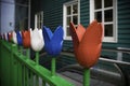 Wooden tulips in a row Royalty Free Stock Photo