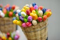 Wooden tulips sold on Easter market in Vilnius. Annual spring fair hold in March on the streets of capital of Lithuania