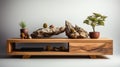 a wooden TV stand with shelves for electronics, emphasizing its functional design