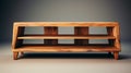 a wooden TV stand with shelves for electronics, emphasizing its functional design