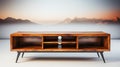 a wooden TV stand with shelves for electronics, emphasizing its functional design