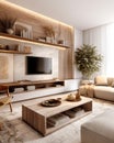 Wooden tv unit against beige sofa. Cozy home interior design of modern living room. Created with generative AI Royalty Free Stock Photo