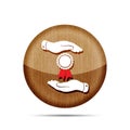 Wooden two hands protecting badge with red ribbons icon - vector Royalty Free Stock Photo