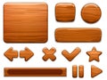 Wooden UI. Wood textured plate frame, cartoon banner panel and game buttons. Arrow, star and play stop button vector Royalty Free Stock Photo