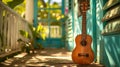 Wooden ukulele lean casually against a bright porch railing surrounded by tropical plants inviting musical play in a front of home Royalty Free Stock Photo