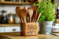 Wooden utensil holder is filled with spoons and fork placed on table next to potted plant. Generative AI Royalty Free Stock Photo