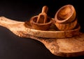 Wooden utensils. Cutting board, bowls and scoop Royalty Free Stock Photo