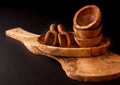 Wooden utensils. Cutting board, bowls and scoop Royalty Free Stock Photo