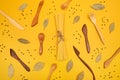 Wooden utensils, pasta and spices flat lay composition Royalty Free Stock Photo