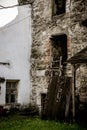 Wooden utensils at the walls of an old castle