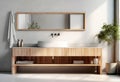 Wooden vanity with stone round vessel sink and mirror in frame on white wall. Interior design of modern scandinavian bathroom. Royalty Free Stock Photo