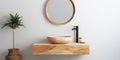 Wooden vanity with stone round vessel sink and mirror in frame on white wall. Interior design of modern Scandinavian bathroom Royalty Free Stock Photo