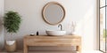 Wooden vanity with stone round vessel sink and mirror in frame on white wall. Interior design of modern Scandinavian bathroom Royalty Free Stock Photo
