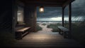 Wooden veranda with table and old electric lamp and candle. View of gloomy Baltic sea and dunes, AI Generative