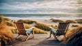 wooden veranda with two armchairs and tranquil sunrise view over sand dunes and sea