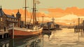 Art Nouveau Seaport: A Graphic Illustration Of An Old Era Boat