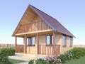 Wooden village house or sauna in the garden exterior. 3d render. Royalty Free Stock Photo