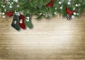 Wooden vintage background with fir branches and Christmas Sock.C Royalty Free Stock Photo