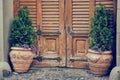 Wooden vintage entrance door and flower pots. Royalty Free Stock Photo