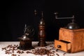 Wooden vintage manual coffee mills and pepper mill Royalty Free Stock Photo