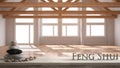 Wooden vintage table shelf with pebble balance and 3d letters making the word feng shui over blurred empty room in eco house, wood