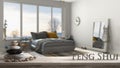 Wooden vintage table shelf with pebble balance and 3d letters making the word feng shui over blurred modern colored bedroom with b