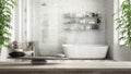 Wooden vintage table or shelf with stone balance, over blurred vintage bathroom with bathtub and shower, feng shui, zen concept ar Royalty Free Stock Photo