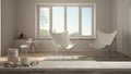Wooden vintage table top or shelf with candles and pebbles, zen mood, over blurred empty minimalist white living room with panoram