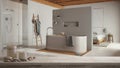 Wooden vintage table top or shelf with candles and pebbles, zen mood, over minimal bathroom with freestanding bathtub, japandi