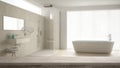 Wooden vintage table top or shelf closeup, zen mood, over blurred minimalist bathroom with bathtub and shower, white architecture