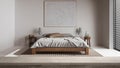 Wooden vintage table top or shelf closeup, zen mood, over minimal bedroom with double bed and decors, japandi architecture