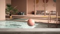 Wooden vintage table top or shelf closeup, zen mood, over modern living room with sofa, carpet and swimming pool, architecture