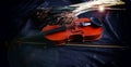 The wooden violin put beside dried flower,on grunge surface background Royalty Free Stock Photo