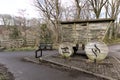 Wooden Wagen monument display beside historic Causay Arch railway bridge