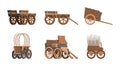 Wooden wagon. Vintage carriage western wild west vehicles old farm cart with big wheel garish vector illustrations in