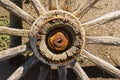 Wooden wagon wheel hub closeup Royalty Free Stock Photo