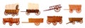 Wooden wagons. Covered tent wagon, farm handicraft vehicles old cartoon carts or western wheelbarrows, wild west Royalty Free Stock Photo