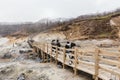 Wooden walk way at Noboribetsu Jigokudani Hell Valley: The volcano valley got its name from the sulfuric smell.