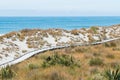 Wooden walk way on sand beach ocean skyline background Royalty Free Stock Photo