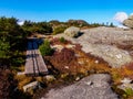 A wooden walkboard with cliffs and withered vegetation on top of Mount Mansfield, Vermont, USA on a sunny fall day with blue sky