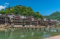 Wooden bridge path over Tuo Jiang river in Feng Huang Royalty Free Stock Photo