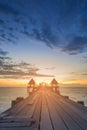 Wooden walking path leading to ocean skyline Royalty Free Stock Photo