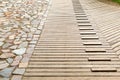 Wooden walking path is made of planks of larch